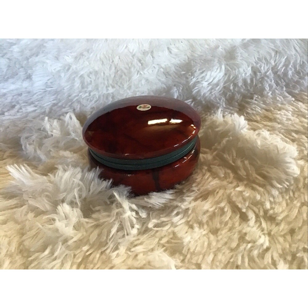 Italian Red Veined Alabaster Round Hinged Trinket Dish Hand Carved Vintage